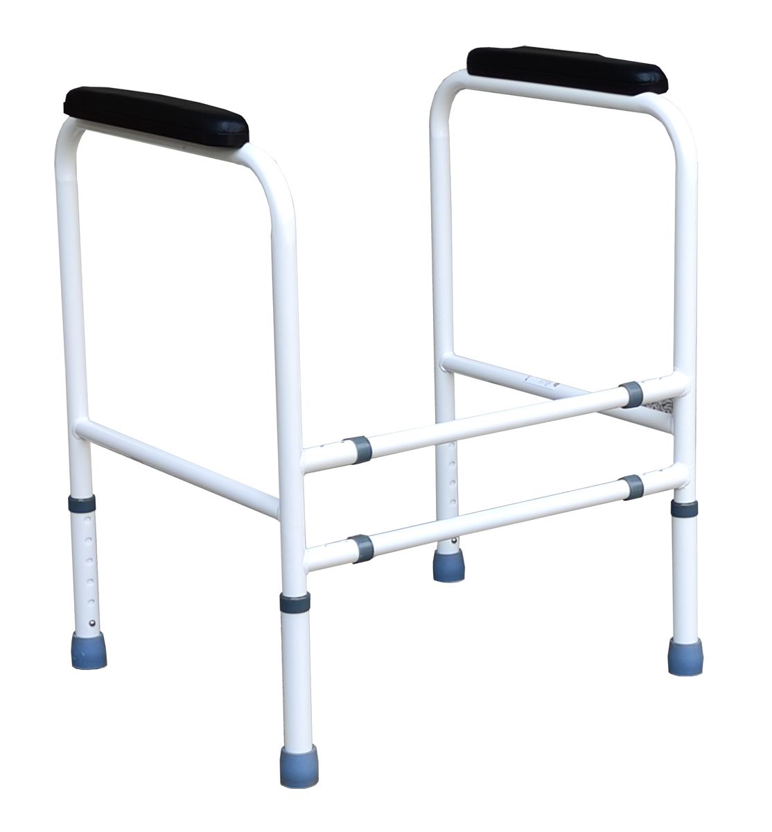 Struttura per WC con braccioli, telaio metallico bianco, braccioli neri, autoportante.