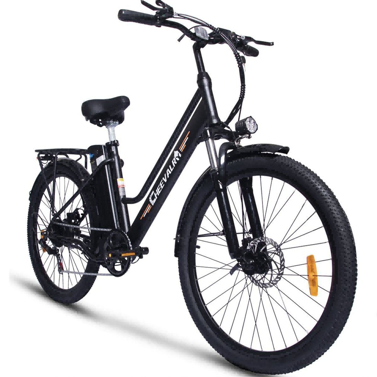 Bicicletta elettrica nera con faro anteriore. Marchio Cheevalry.