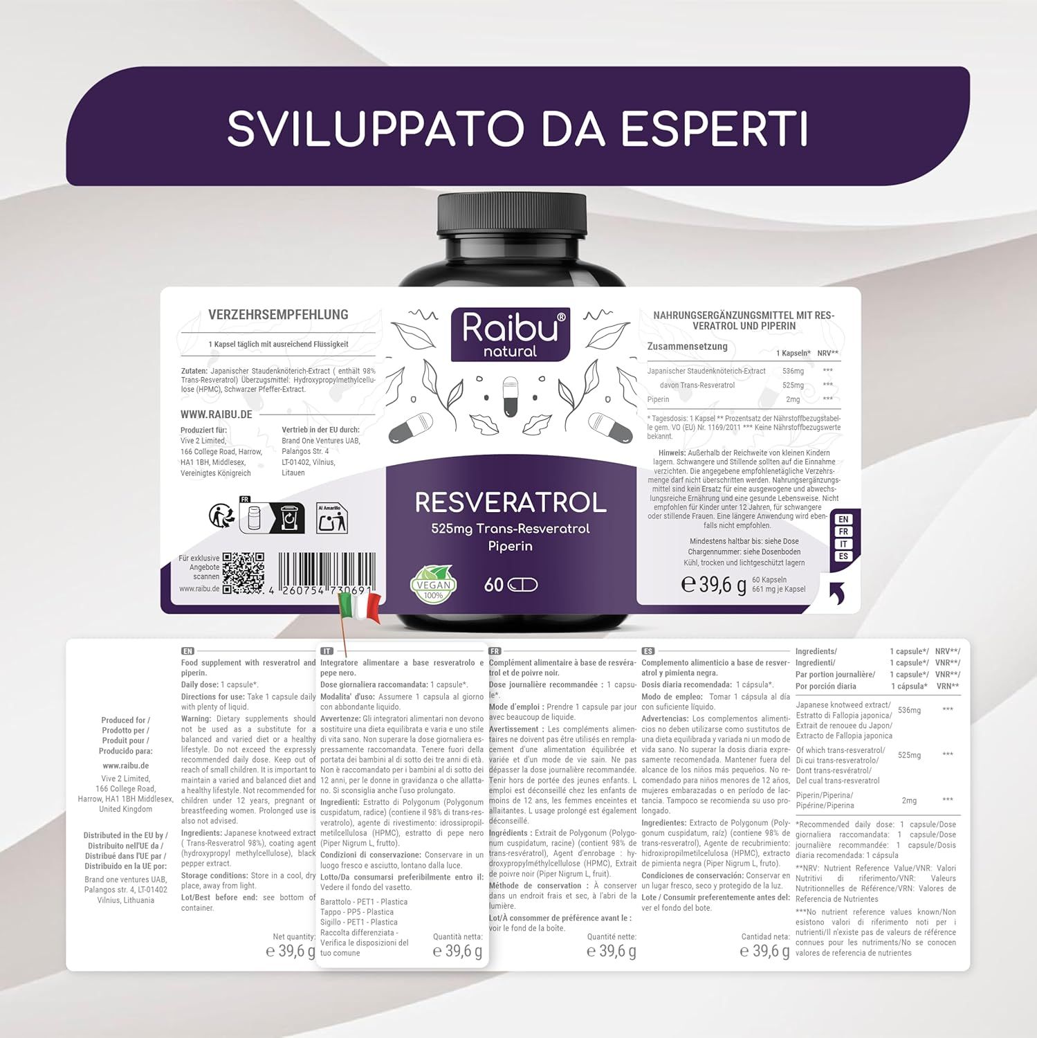 Resveratrolo Capsule 525 mg Alta Potenza - RAIBU