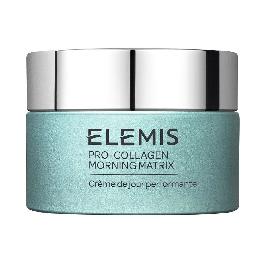 Vaso Elemis Pro-Collagen Morning Matrix. Vaso blu chiaro, coperchio argentato, nome del prodotto e testo.