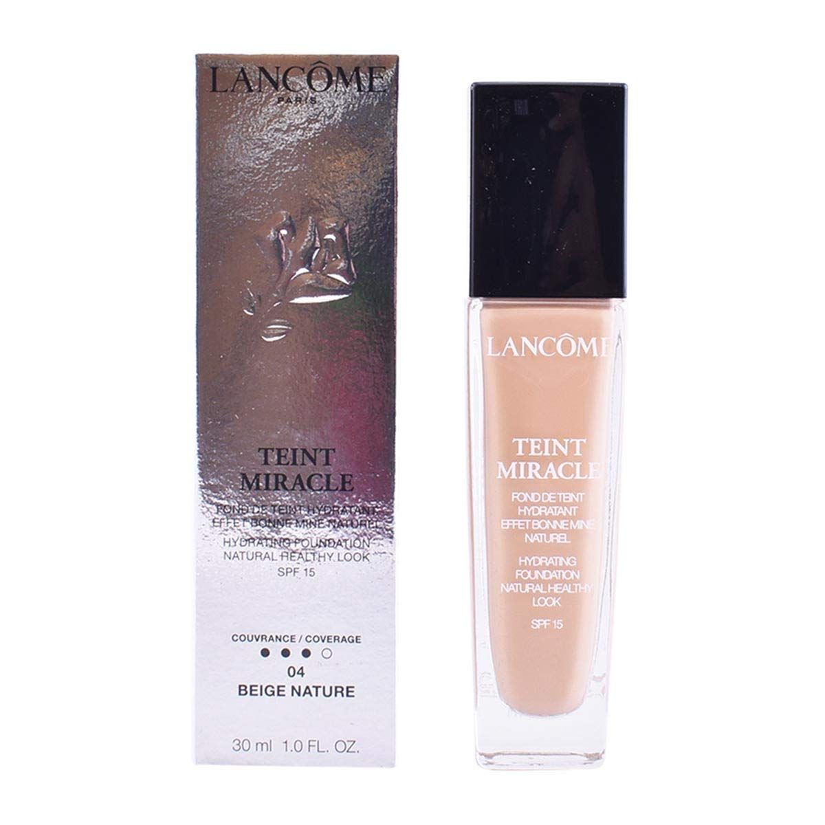 Lancôme Teint Miracle Fondotinta Idratante SPF 15. Flacone e confezione. Tonalità Beige Nature. SPF 15. 30 ml.