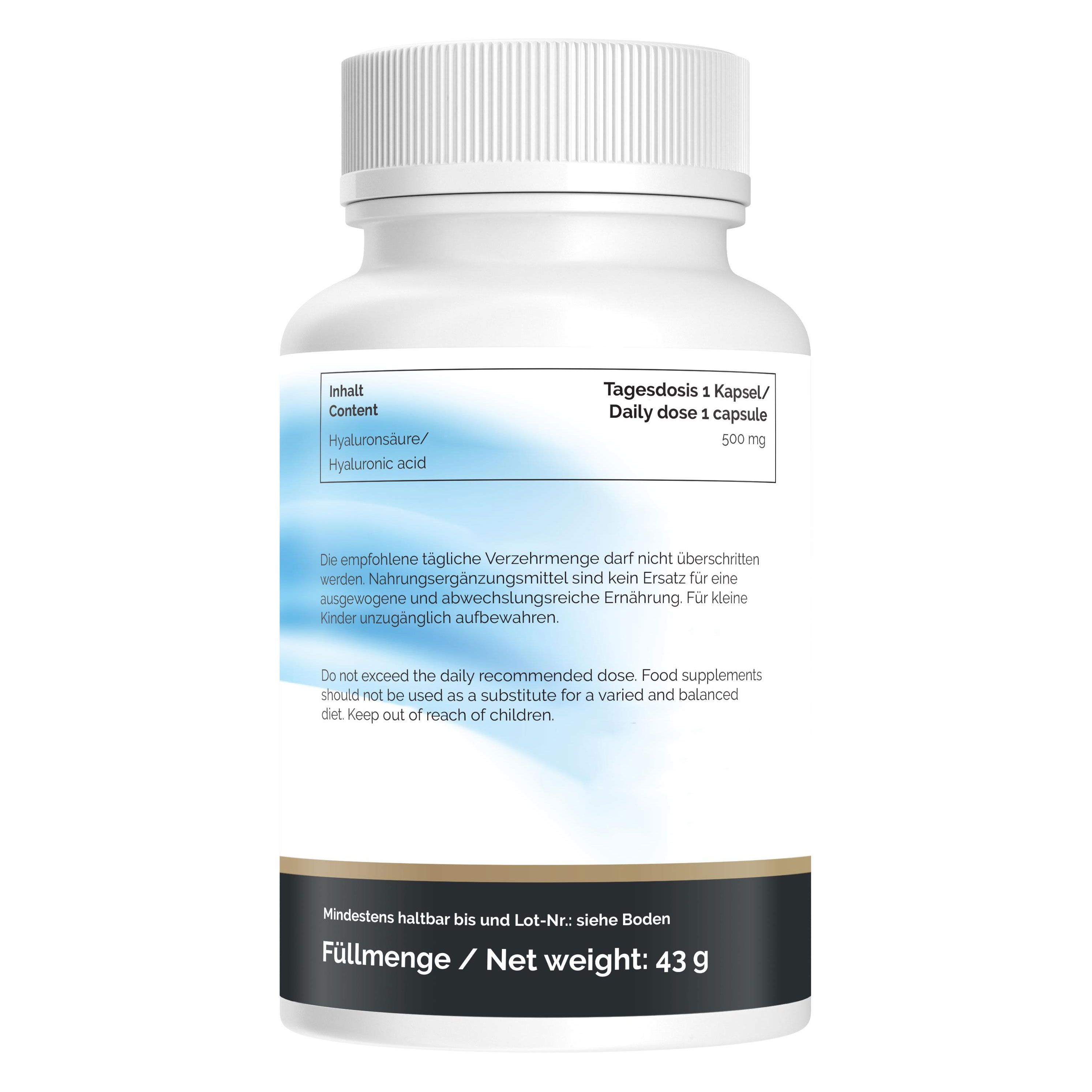 Retro di un flacone di pillole bianco. Testo: Contenuto, dose giornaliera, peso netto. Informazioni del produttore.