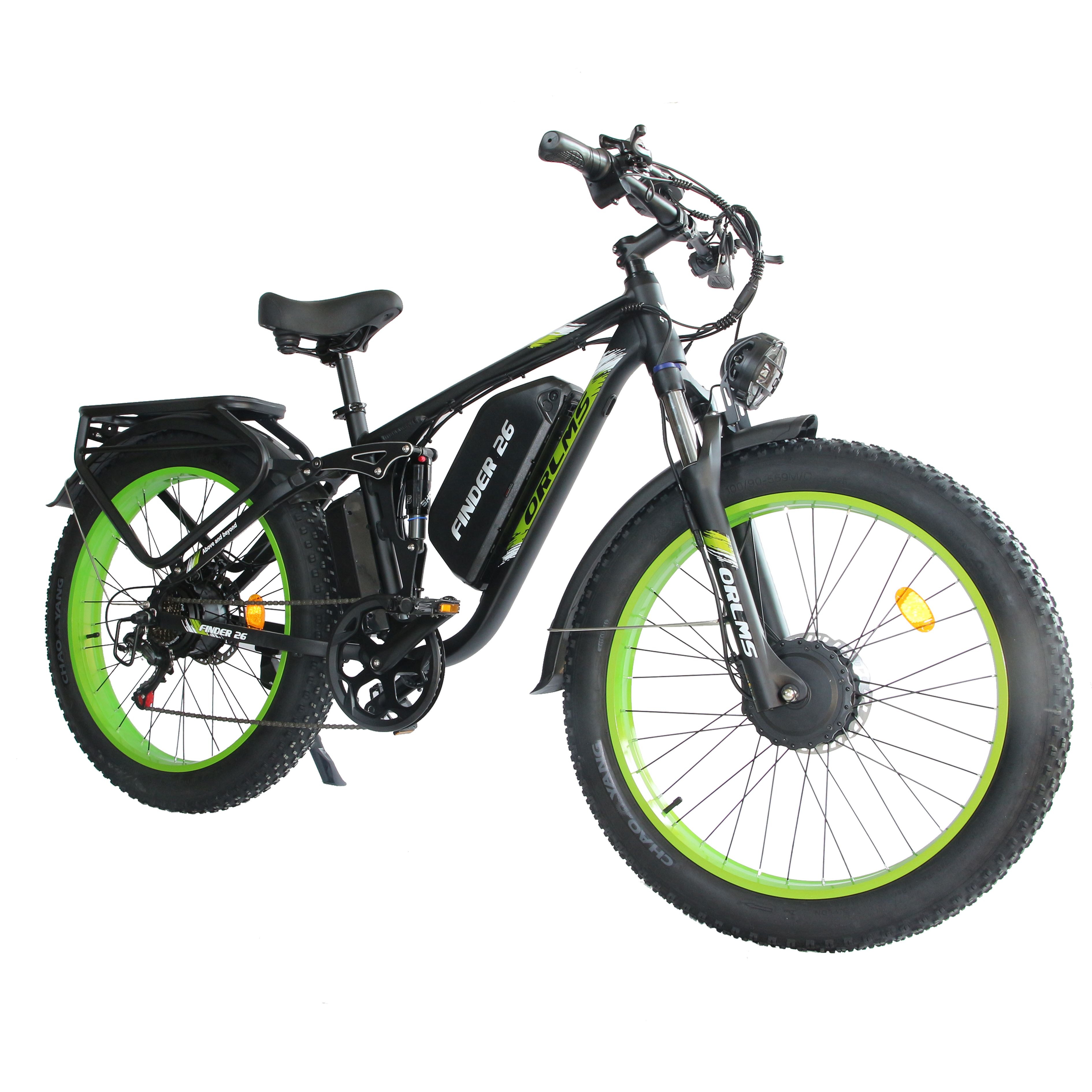 E-MTB ORLMS Finder 26. Nero, cerchi verdi. Batteria sul telaio. Portapacchi. Faro.