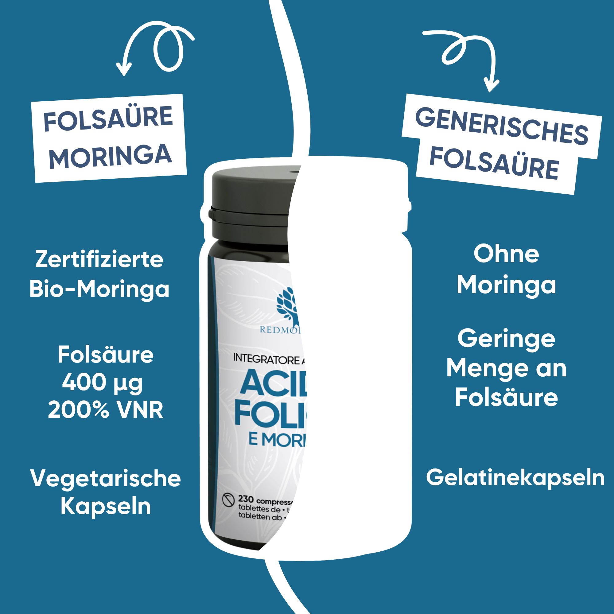 Flacone di acido folico e Moringa. "Bio-Moringa certificato".