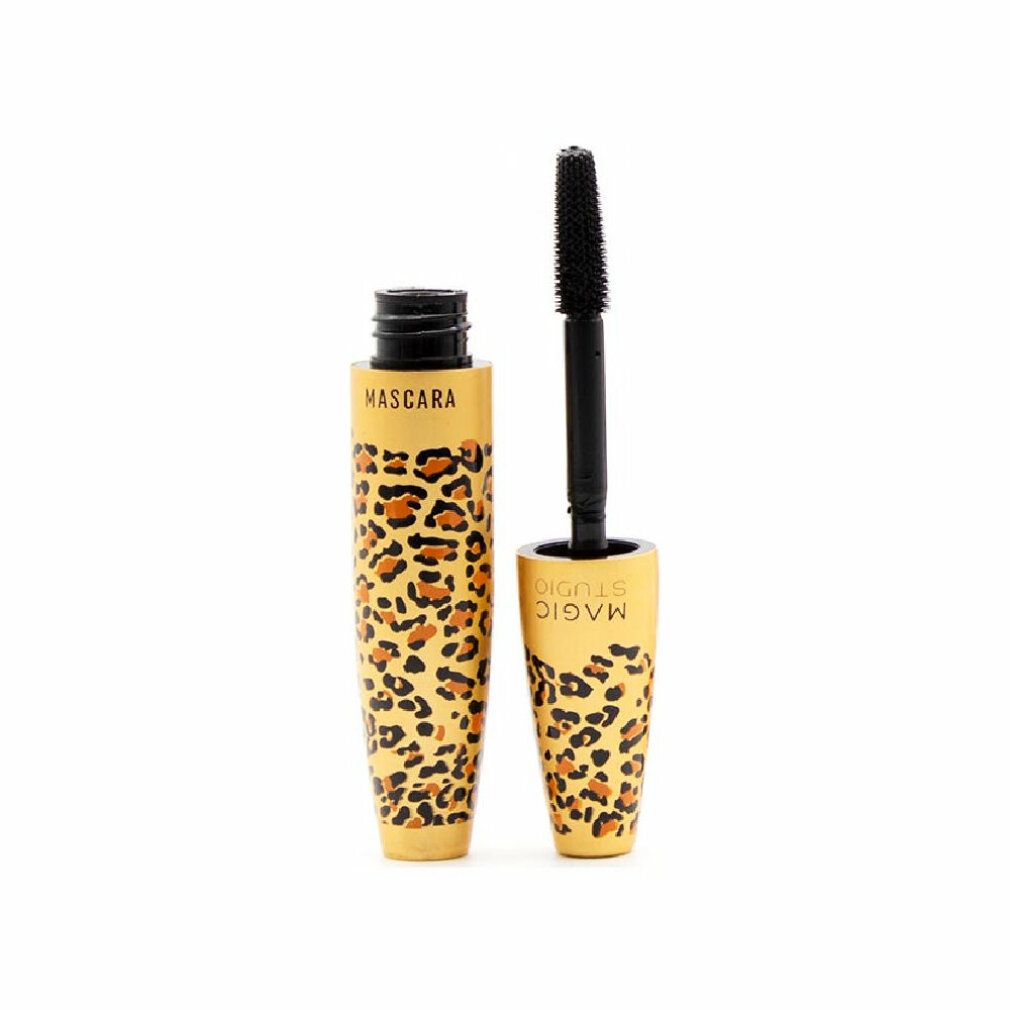 Tubetto mascara aperto con stampa leopardata. Spazzolino visibile. Scritta: Mascara.