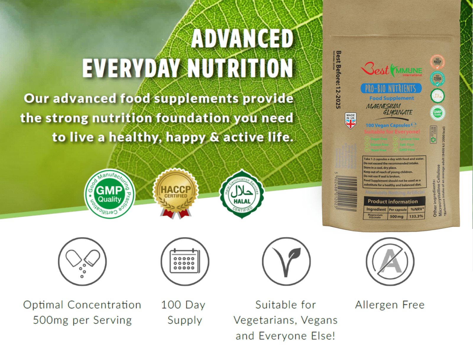 Confezione di capsule di magnesio glicinato. Testo: Best Immune, Advanced Everyday Nutrition. Certificazioni: GMP, HACCP, Halal.