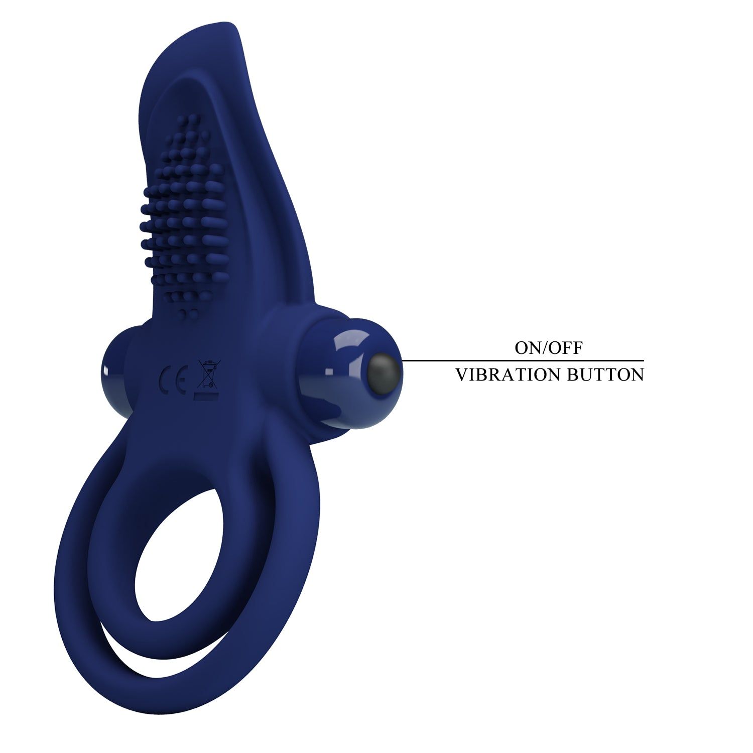 Anello vibrante blu con due anelli, area strutturata e pulsante. Etichetta: ON/OFF VIBRATION BUTTON.
