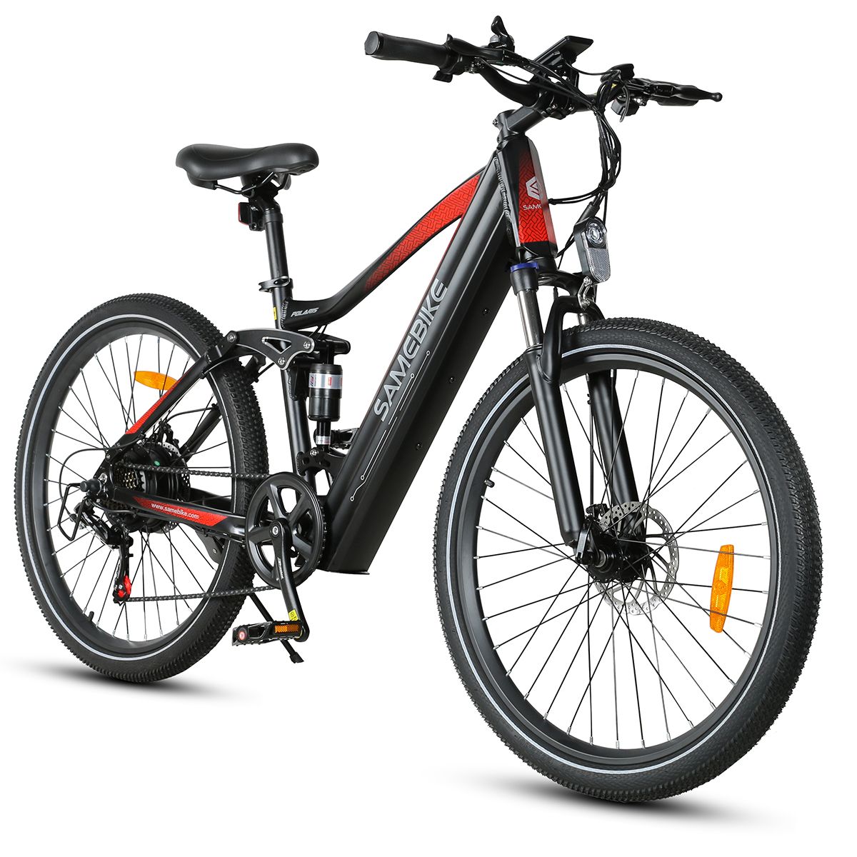 E-bike nera con dettagli rossi. Marca SAMEBIKE. Pneumatici grandi, sella, manubrio e pedali.