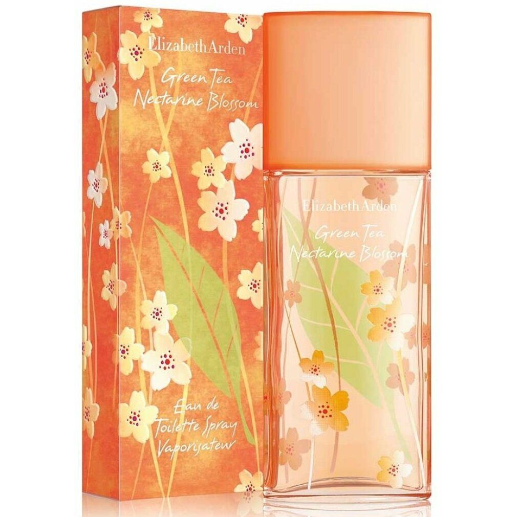 Flacone e confezione. Flacone rettangolare, tappo arancione. Confezione arancione con motivi floreali. Testo: Green Tea Nectarine Blossom.