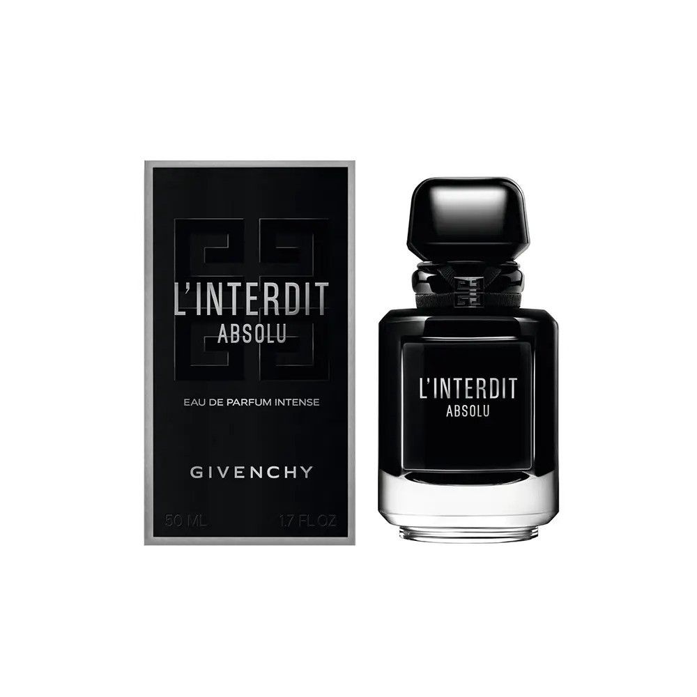 Flacone e confezione neri. Scritta L'Interdit Absolu, Eau de Parfum Intense, Givenchy. 50 ml. Forma rettangolare.