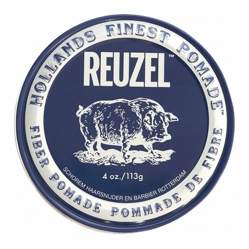 Barattolo rotondo blu con scritta Reuzel Fiber Pomade. Logo maiale e testo. Contenuto: 4 oz/113g.