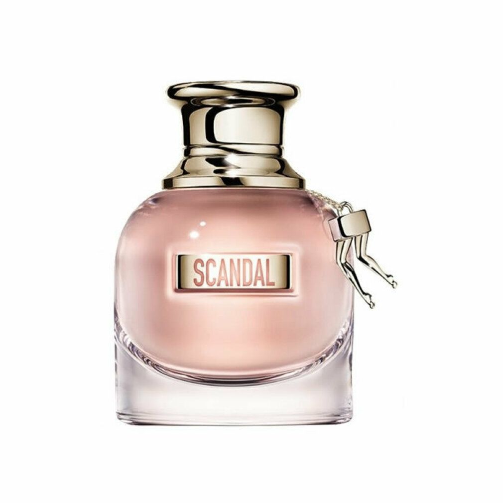Flacone di profumo rosa con tappo argentato e gambe. Scritta "SCANDAL".