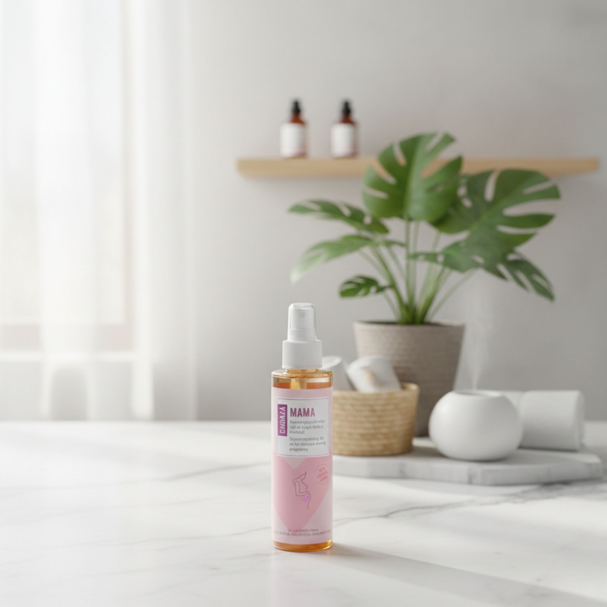 Flacone d'olio con vaporizzatore su una superficie di marmo. Etichetta rosa con testo. Sfondo: pianta in vaso e decorazioni.