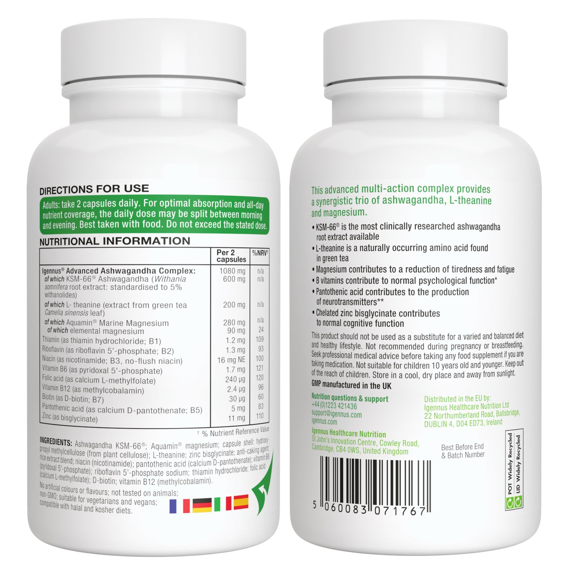 Fronte e retro di una bottiglia Igennus Ashwagandha KSM-66 con informazioni nutrizionali.