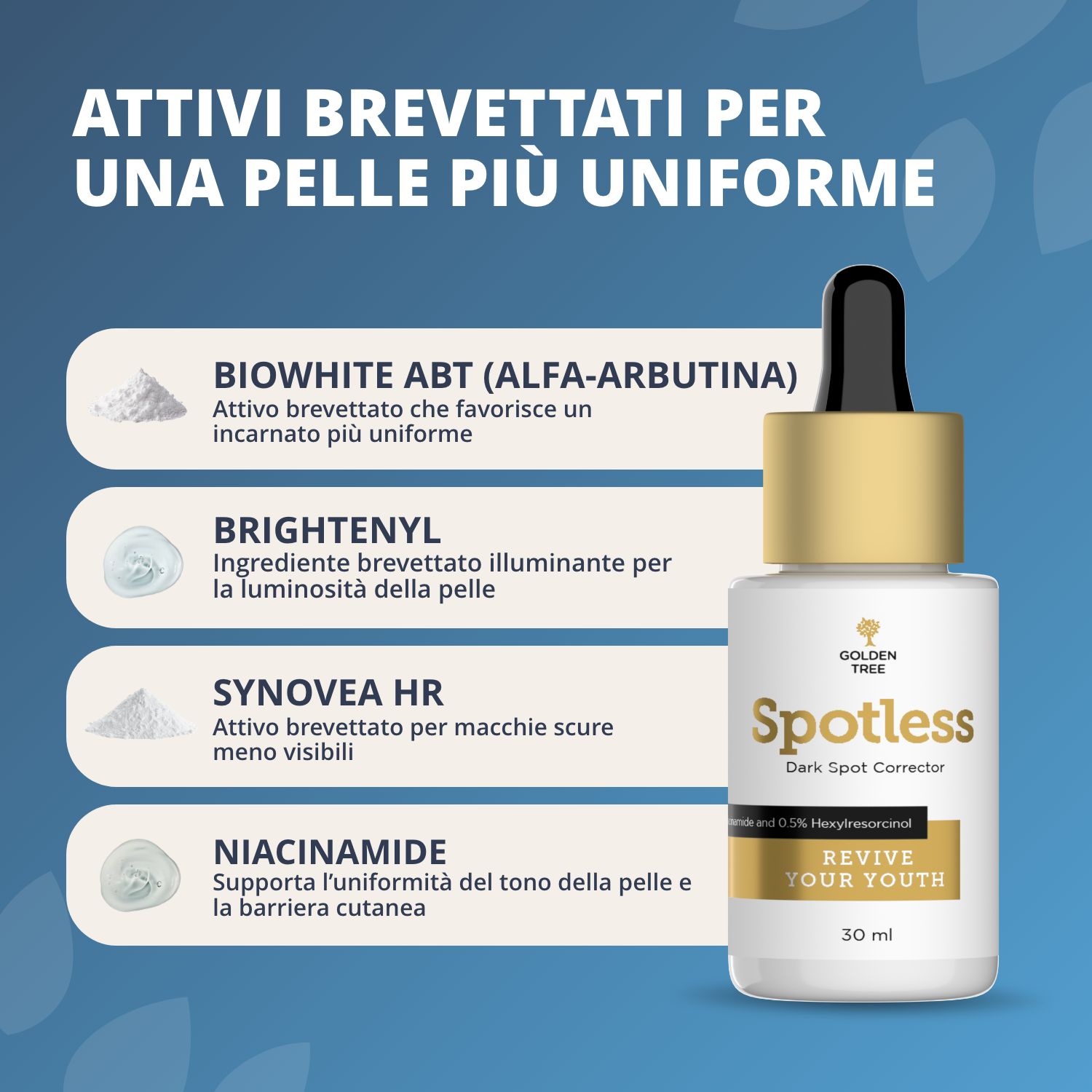 Flacone di siero Golden Tree Spotless con contagocce accanto a un'infografica sui principi attivi brevettati.
