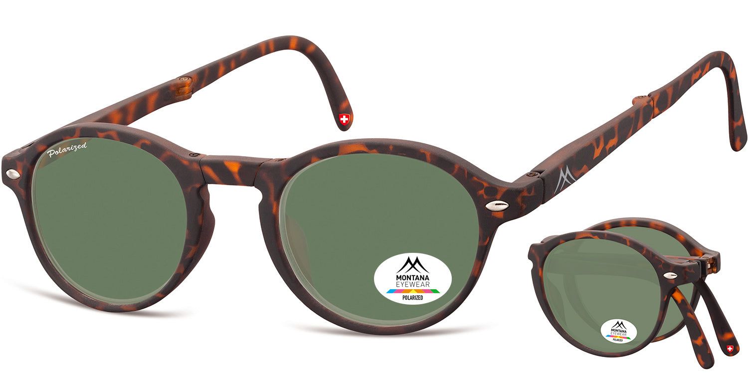 Occhiali da sole rotondi marroni, parzialmente piegati. Lenti verdi. Logo e adesivo Polarized. Croce svizzera sull'asta.