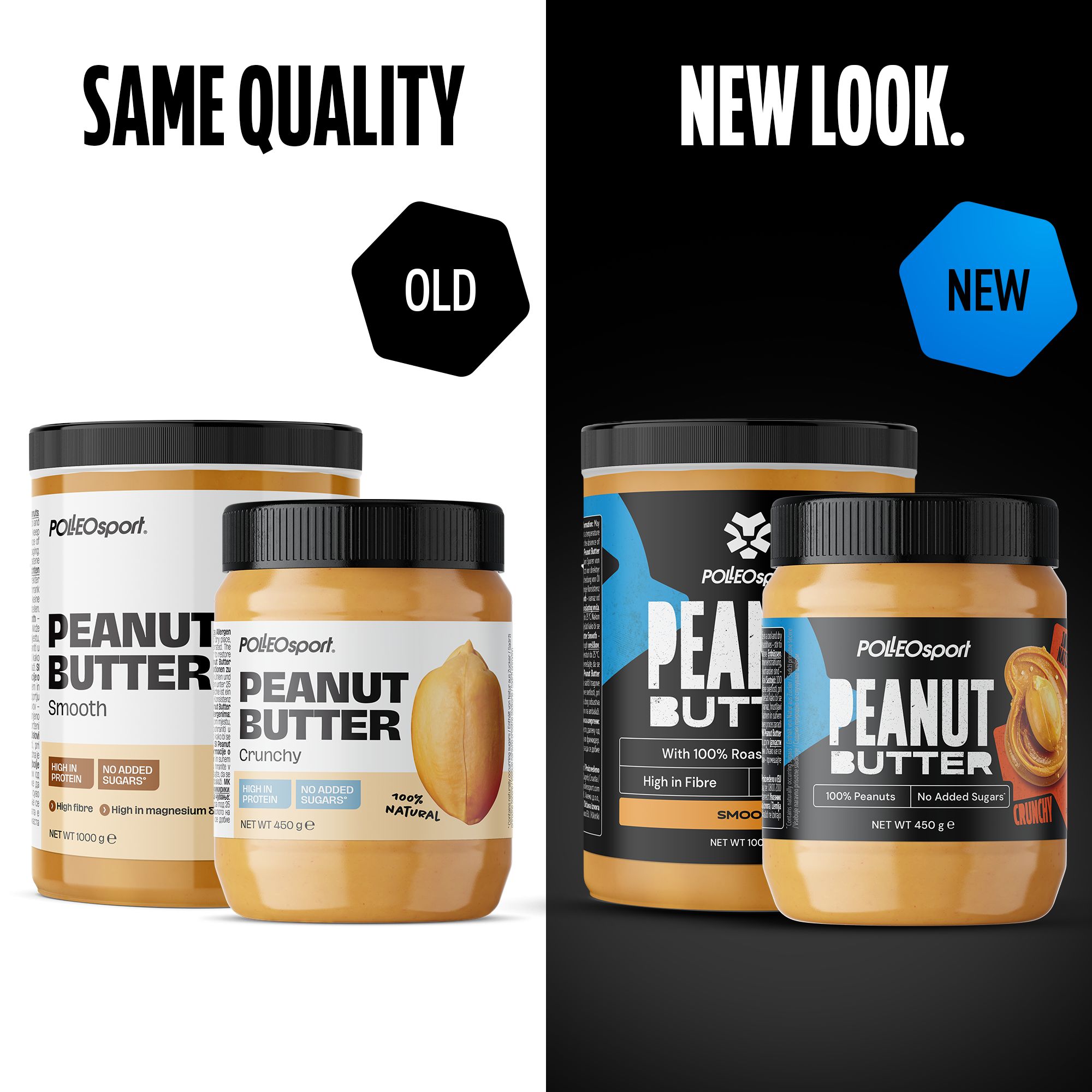 Confronto di barattoli di burro di arachidi. Sinistra: vecchio design. Destra: nuovo design. Scritta: Polleo Sport Peanut Butter, Smooth e Crunchy.