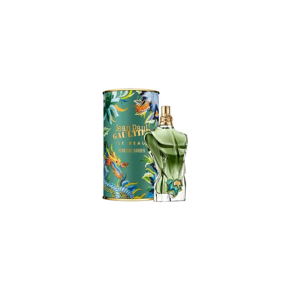 Flacone Jean Paul Gaultier Le Beau Paradise Garden Eau De Parfum e scatola con motivo drago e fiori.