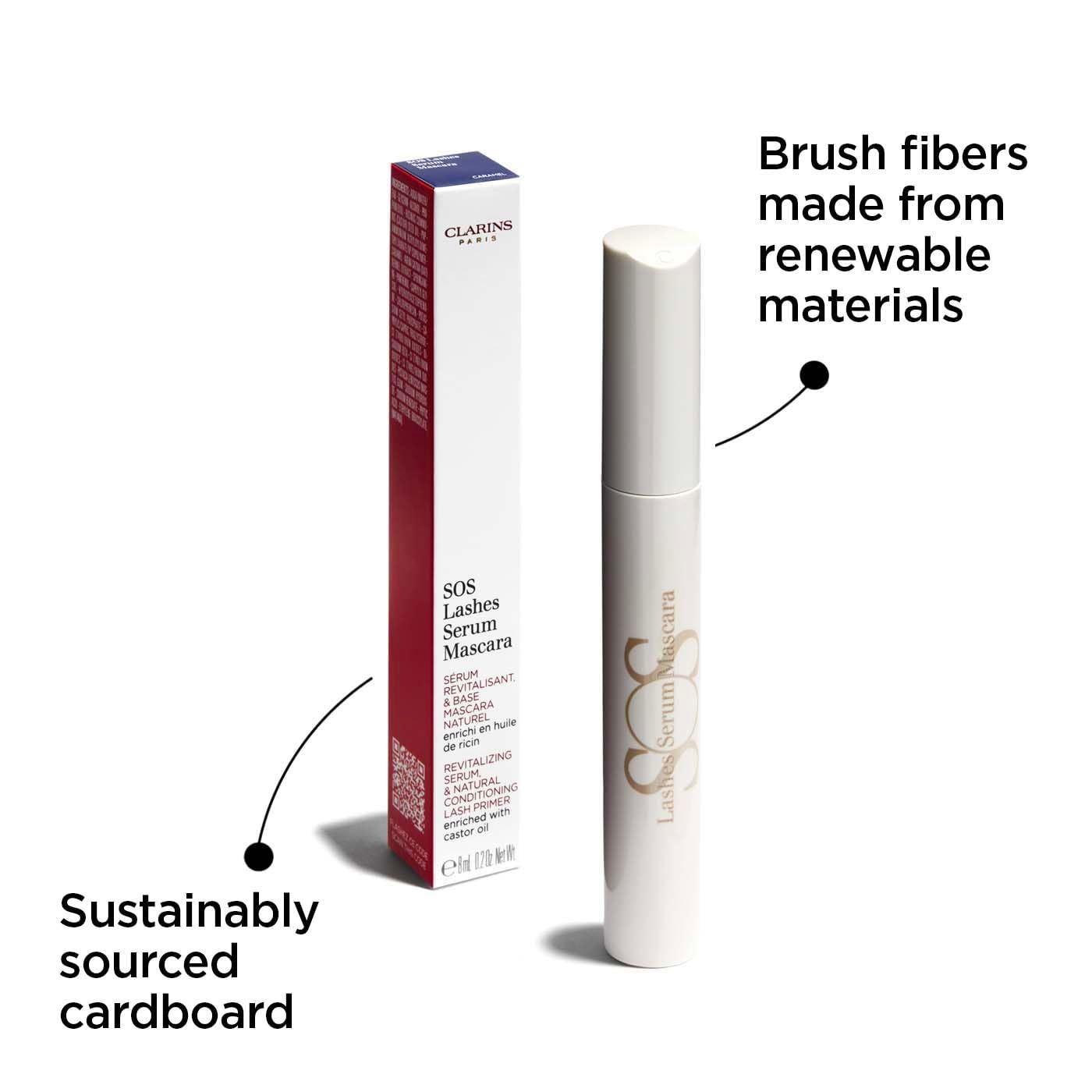 Tubetto mascara e confezione. Testo: SOS Lashes Serum Mascara. Testo: Cartone di provenienza sostenibile.