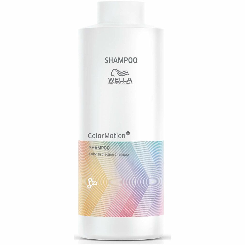Flacone di shampoo bianco con logo Wella ed etichetta Color Motion. Testo in tedesco e francese. Marchio 1L.