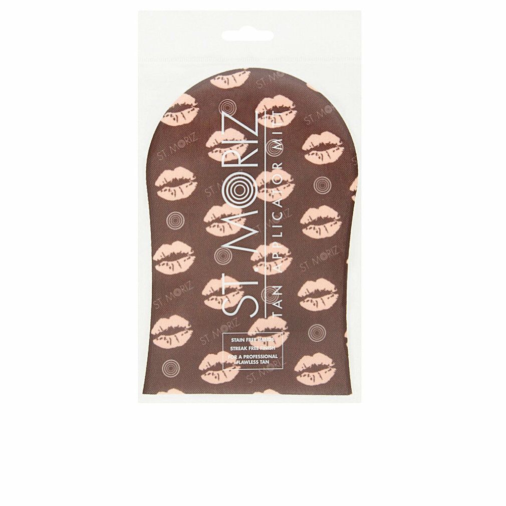 Guanto applicatore in confezione di plastica. Guanto marrone con motivo labbra e logo ST. MORIZ. Per un'abbronzatura professionale senza striature.