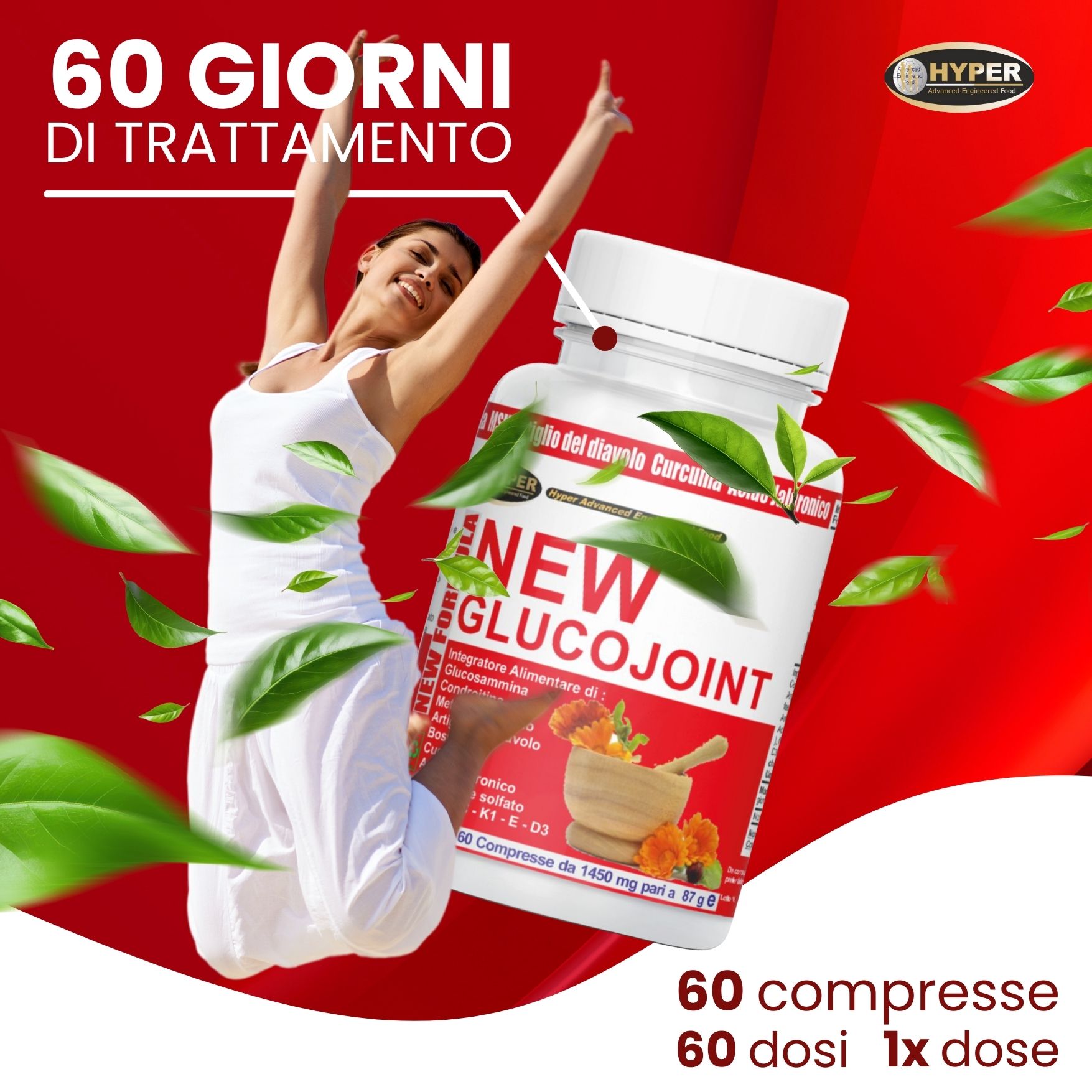 Flacone bianco con etichetta. Testo: NEW GLUCOJOINT. Donna con le braccia alzate. Foglie verdi.