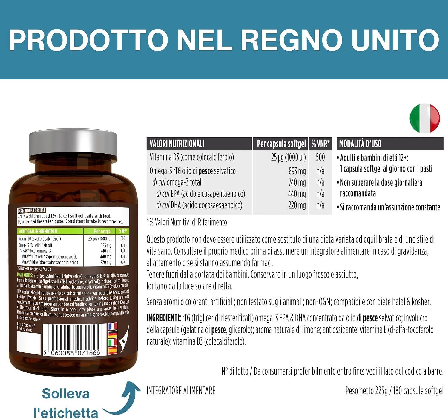 Flacone di capsule Omega-3. Informazioni nutrizionali e istruzioni per l'uso.