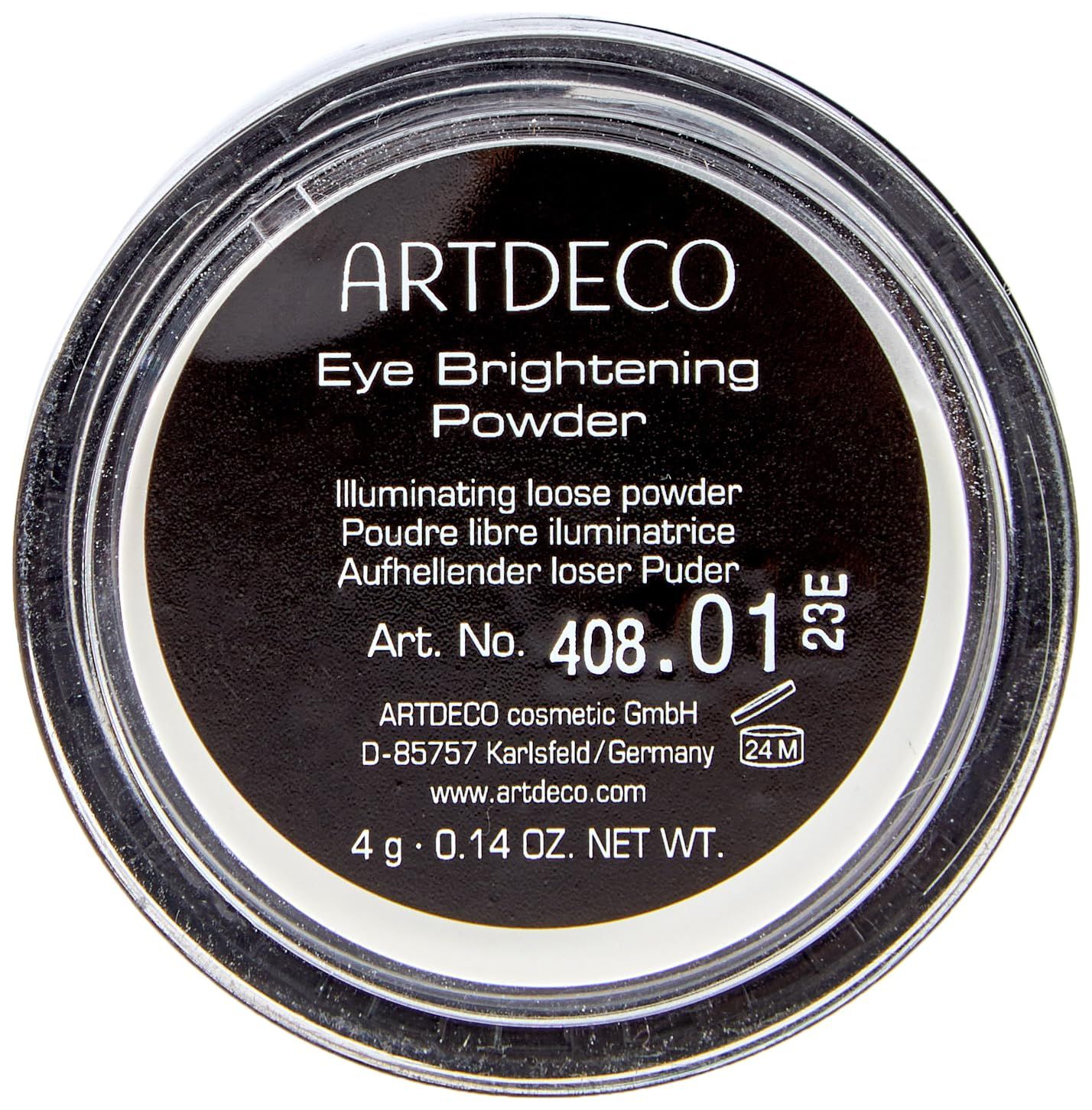 Contenitore rotondo con coperchio nero. L'etichetta indica: ARTDECO Eye Brightening Powder, Art. No. 408.01, 4 g.
