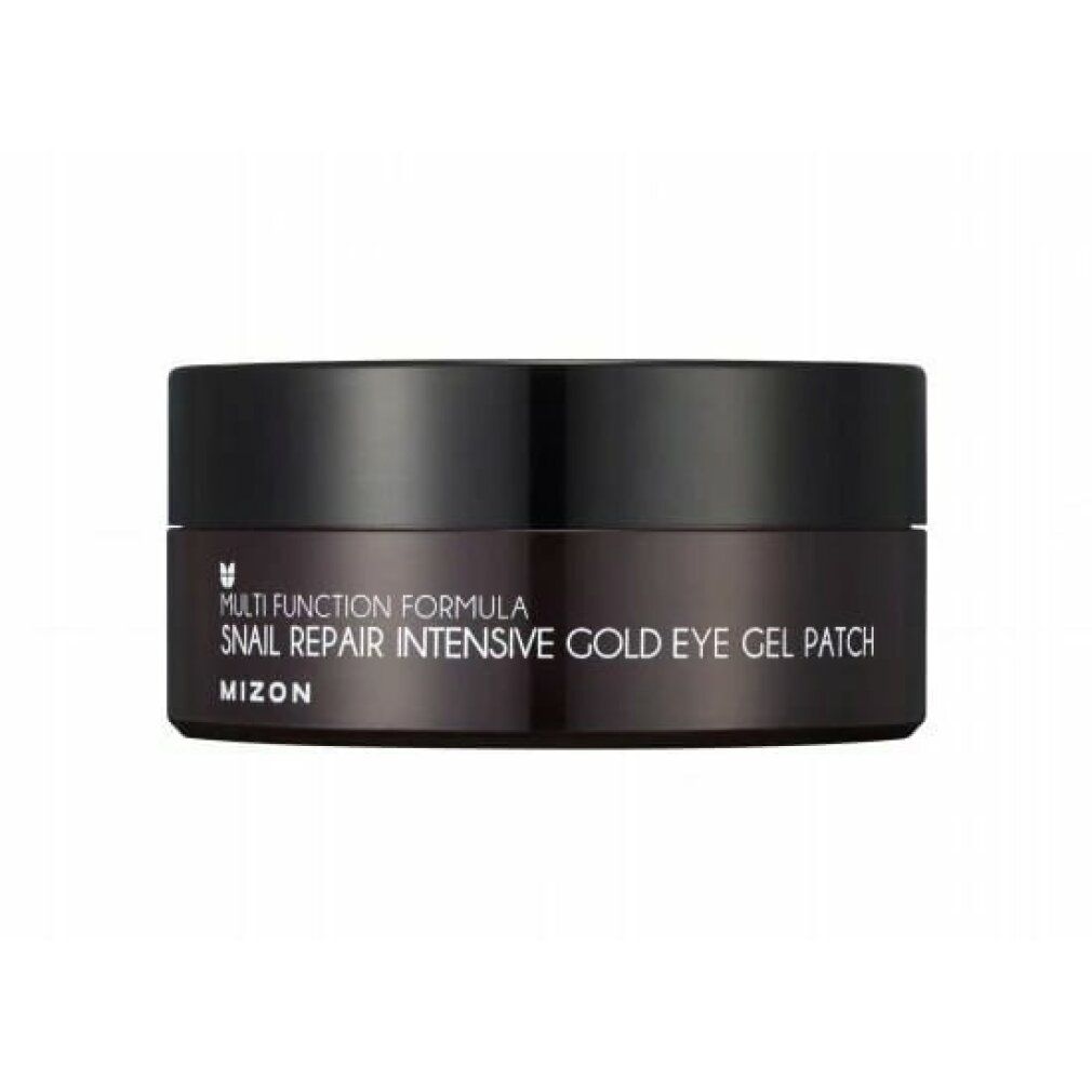 Barattolo marrone scuro con coperchio nero. Scritta: Multi Function Formula, Snail Repair Intensive Gold Eye Gel Patch, Mizon.