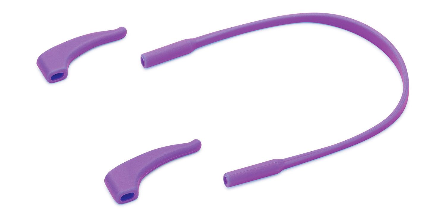 Due aste per occhiali viola e un cordino per occhiali viola. Le aste sono arrotondate alle estremità. Il cordino è flessibile.