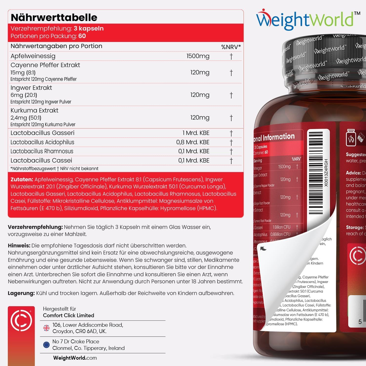 Tabella nutrizionale. Contiene informazioni su ingredienti e valori nutrizionali. Flacone Apfelessig Komplex.