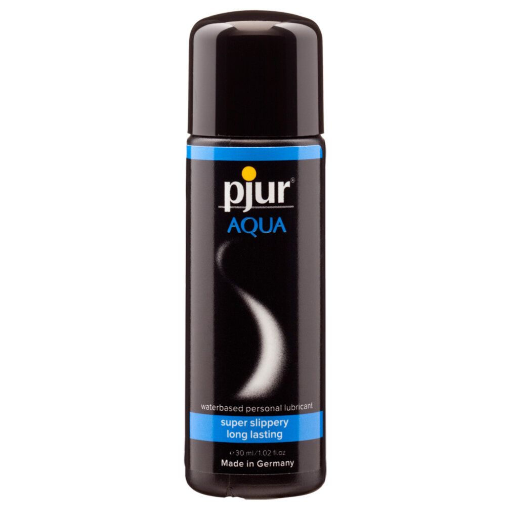 Flacone nero con tappo nero. Scritta: pjur AQUA, lubrificante a base d'acqua. Testo blu: super slippery long lasting.