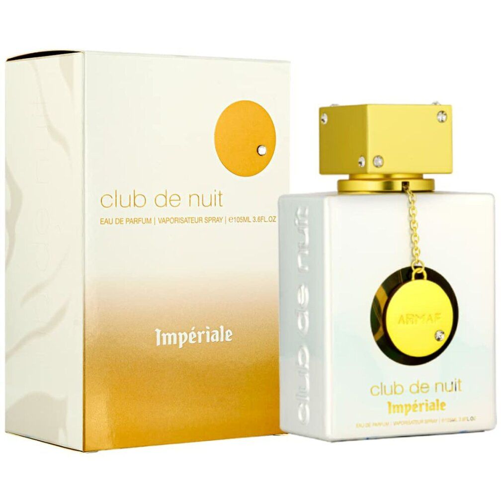 Flacone bianco con tappo e pendente dorati. Scritta: Club de Nuit Impériale. Confezione bianca con sfumatura dorata.