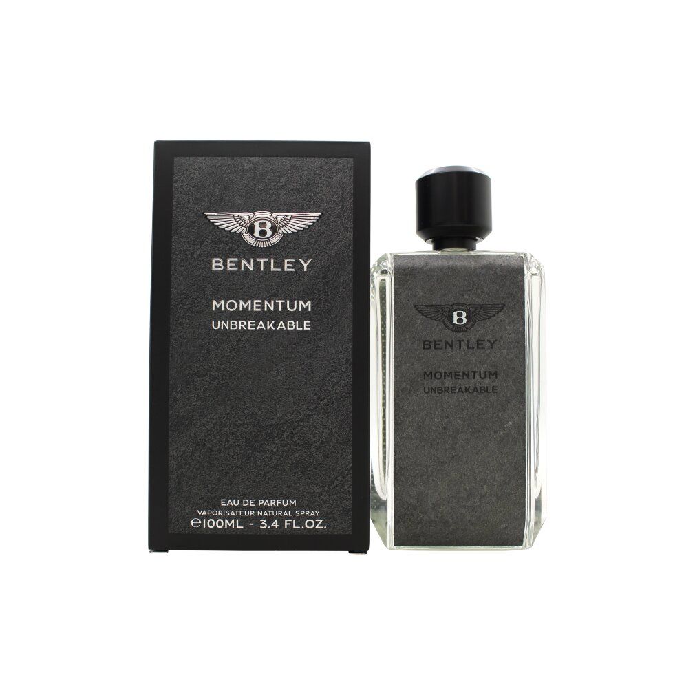 Bentley Momentum Unbreakable EdP Nat. Spray. Flacone e confezione. Logo e testo. Forma squadrata. 100ml.