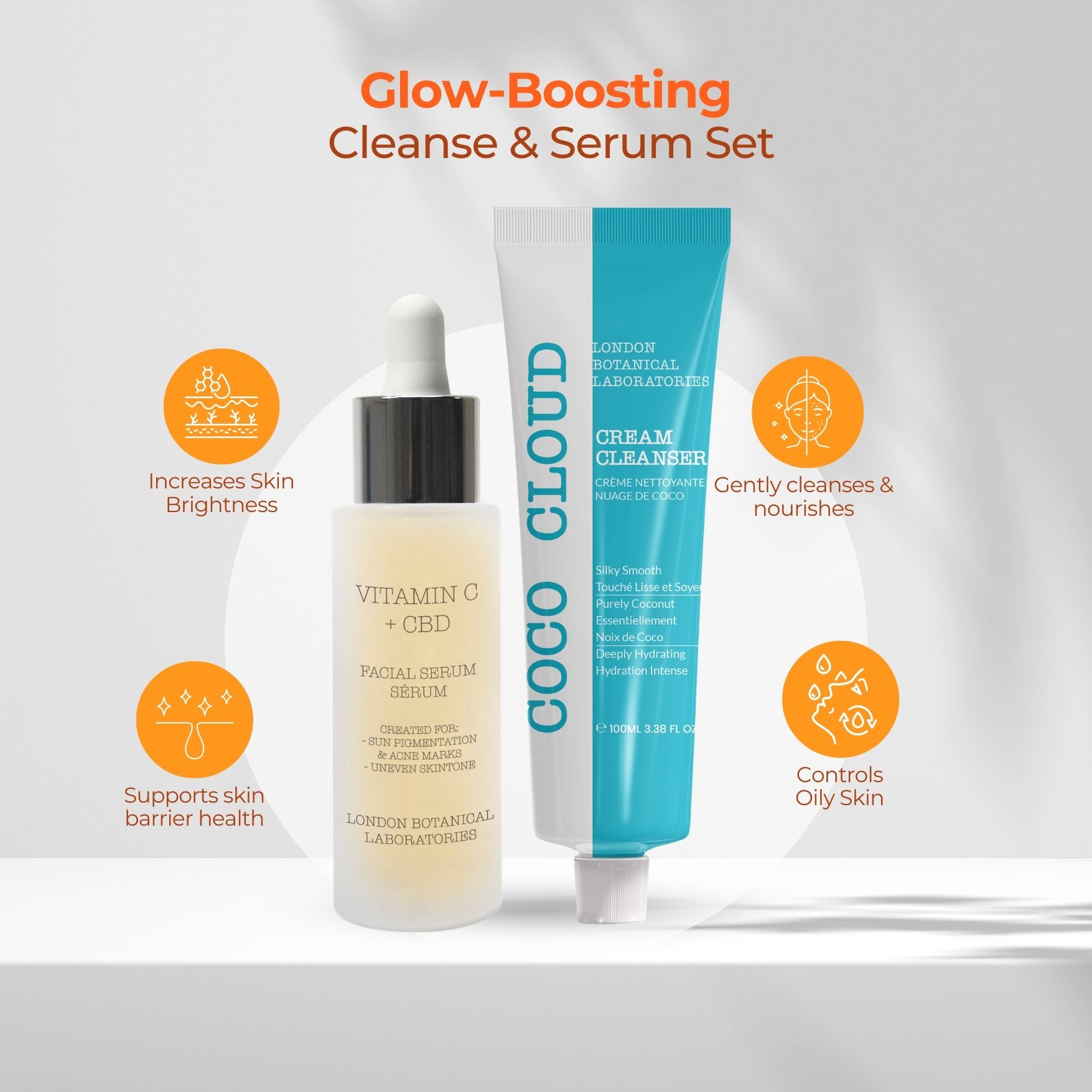 Flacone di siero e tubo detergente. Siero con pipetta, tubo detergente con striscia blu. Testo: Coco Cloud, Vitamin C + CBD, Cream Cleanser.