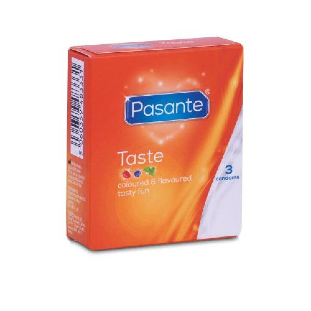 Scatola arancione Pasante Taste, 3 preservativi, illustrazioni di fragola, mirtillo e menta.