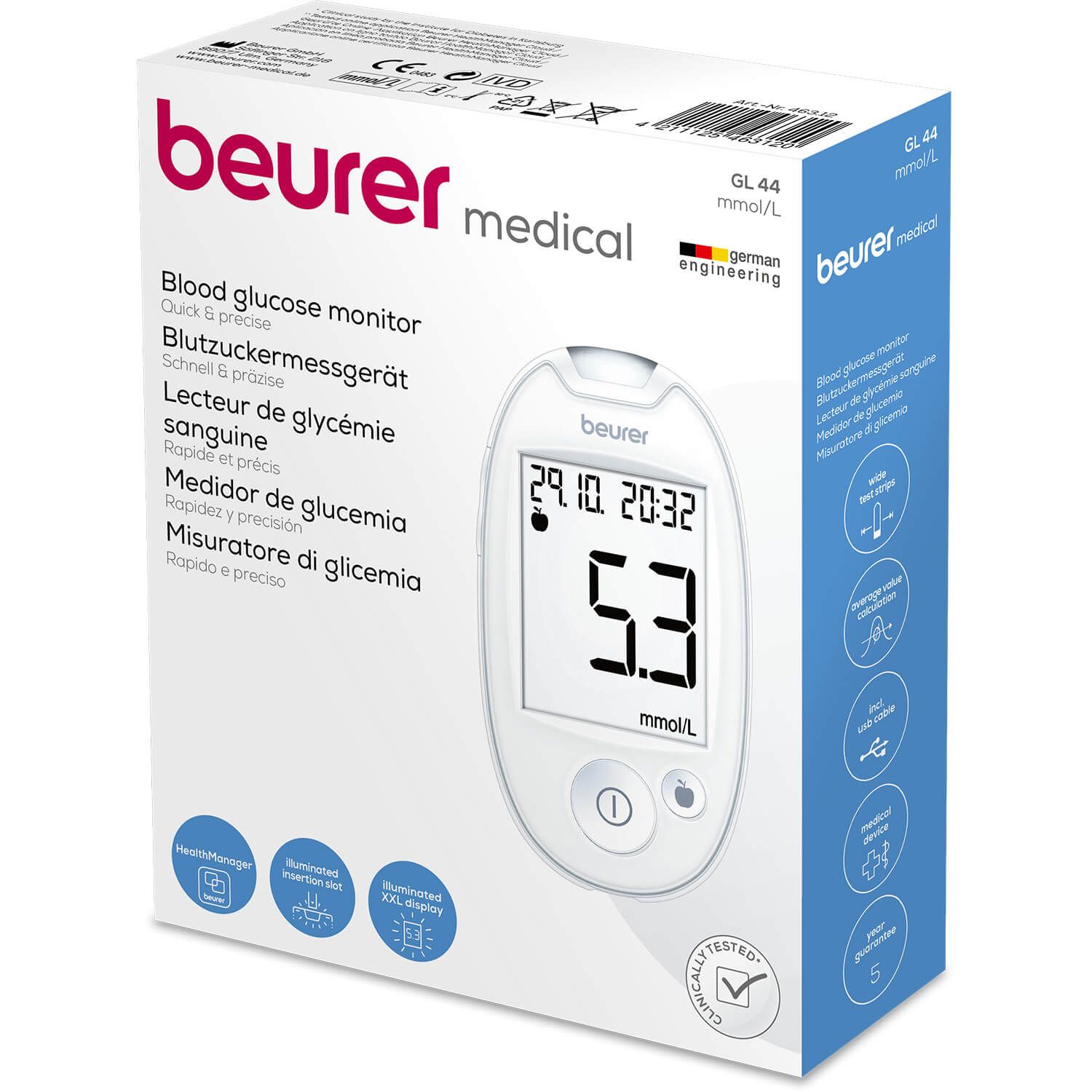 Confezione del glucometro Beurer GL 44, con display digitale e pulsanti di comando.