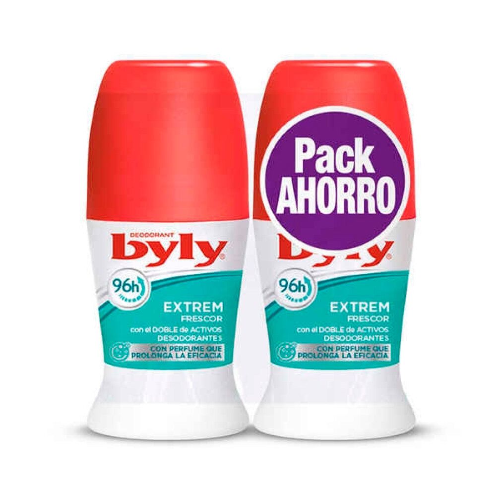Due deodoranti roll-on. Tappi rossi, base bianca, etichette turchesi e bianche. Scritta: Byly, Extrem Frescor, 96h. Confezione.