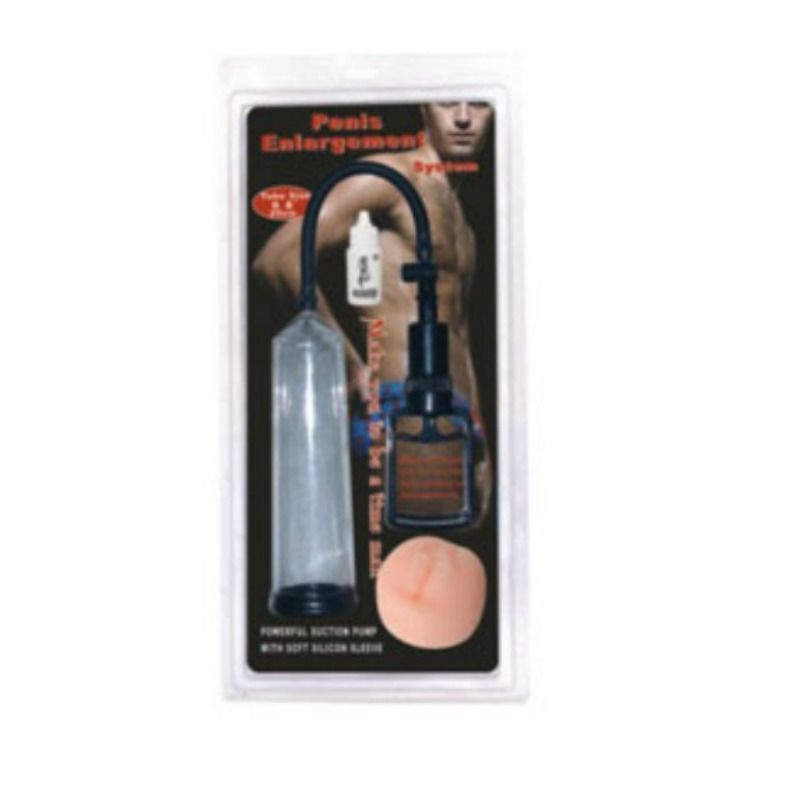Sistema a vuoto in confezione. Include cilindro, pompa, tubo, lubrificante e manicotto in silicone. Testo: Penis Enlargement System.