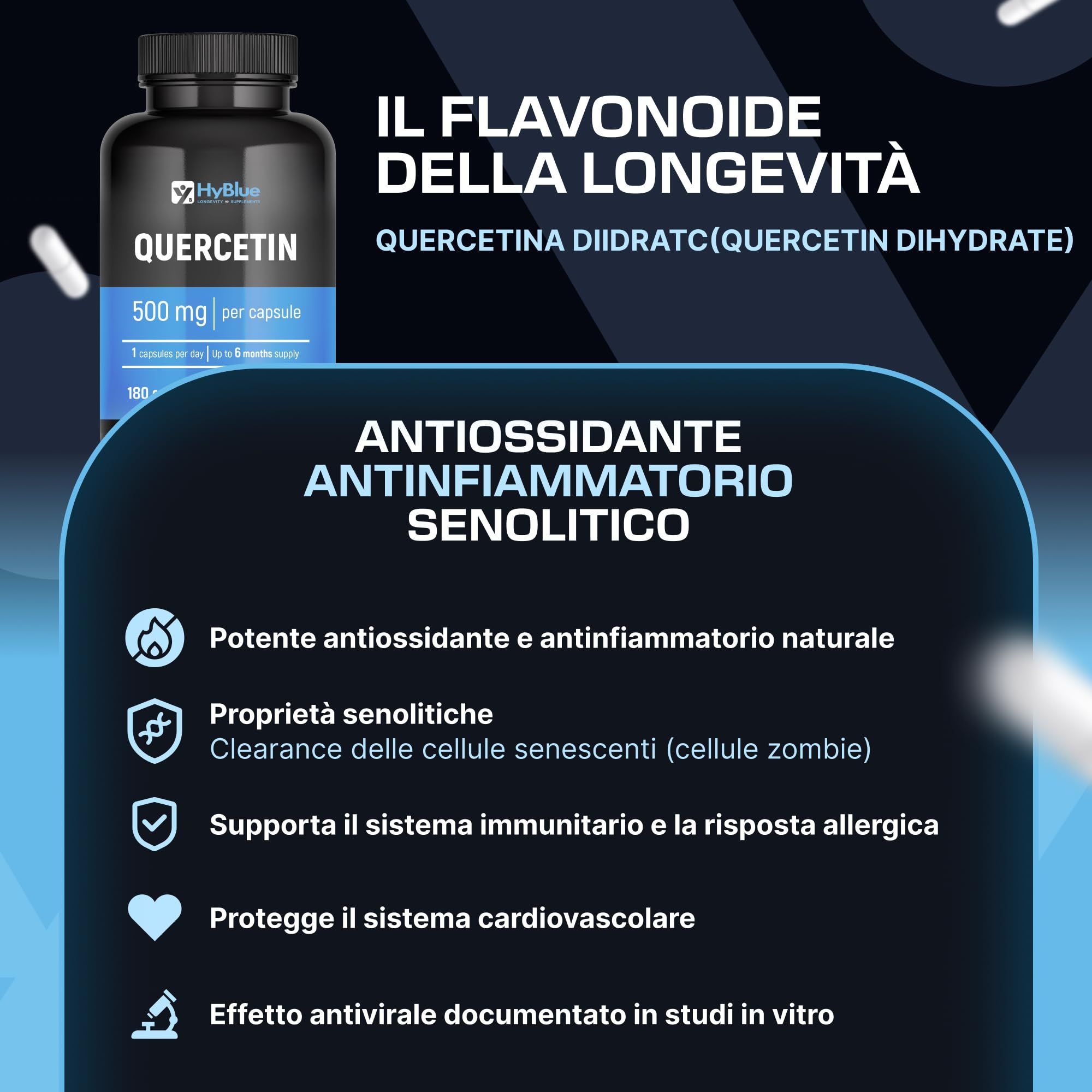 Flacone scuro di capsule di Quercetina, 500 mg per capsula. Testo: Il Flavonoide della Longevità.