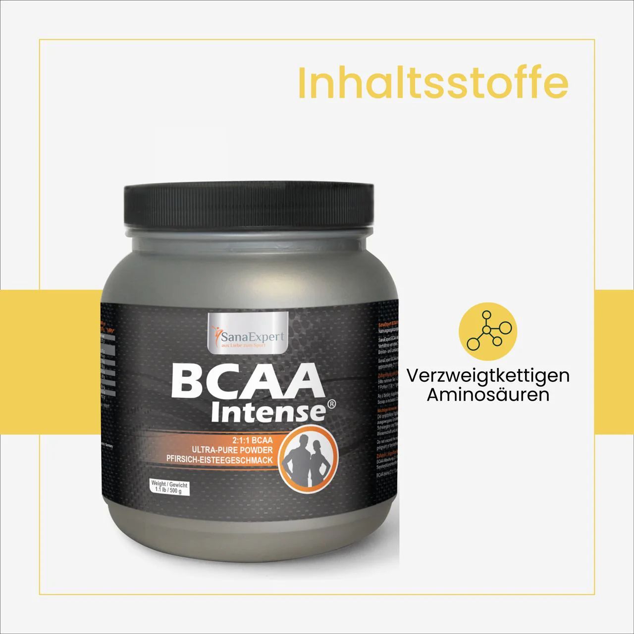 Barattolo grigio SanaExpert BCAA Intense. Coperchio nero. Scritta BCAA Intense. Sfondo giallo con testo: Ingredienti, aminoacidi a catena ramificata.