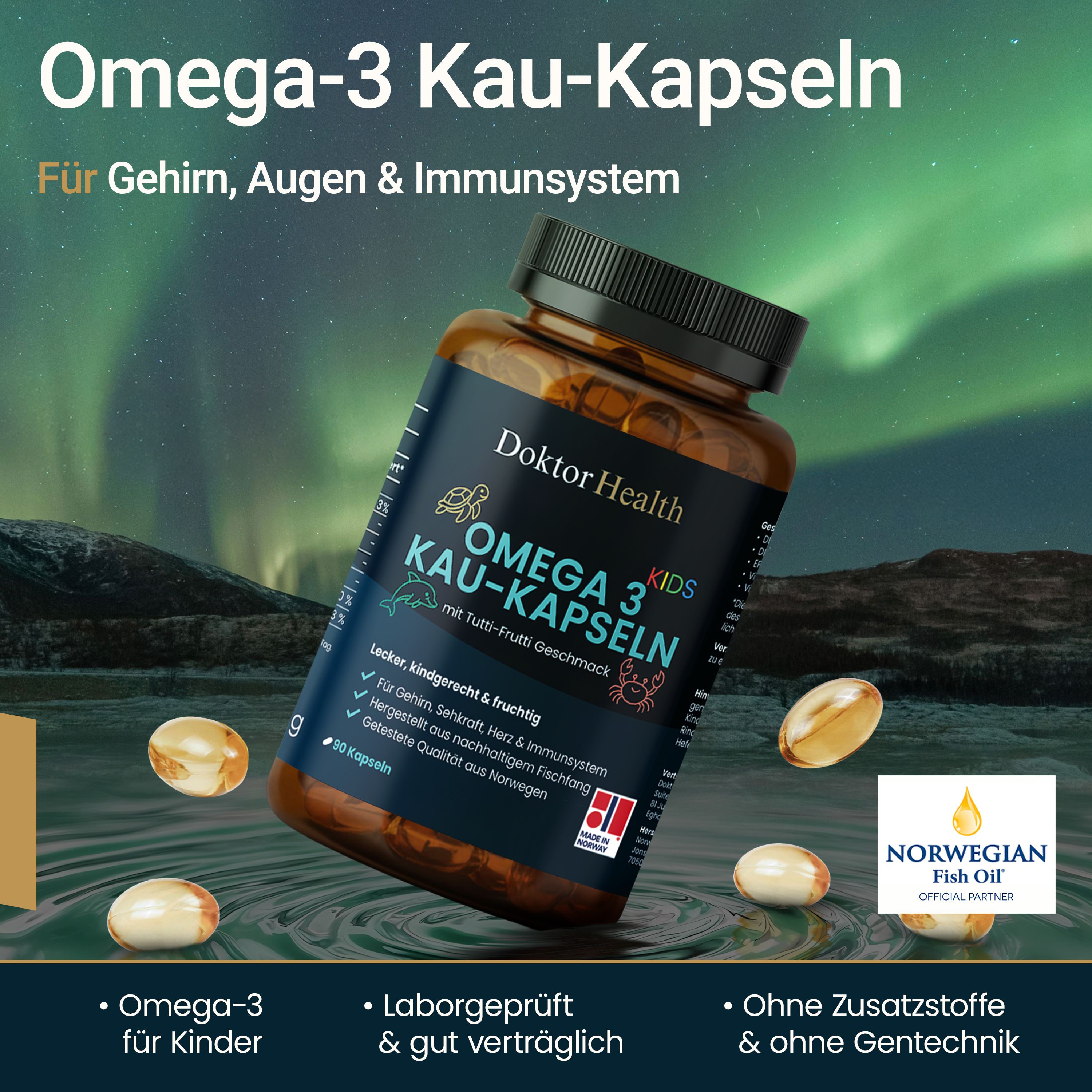 Flacone marrone di capsule masticabili Omega-3 per bambini. Scritta: Doktor Health, Omega 3 Kau-Kapseln, gusto Tutti-Frutti. Olio di pesce norvegese.