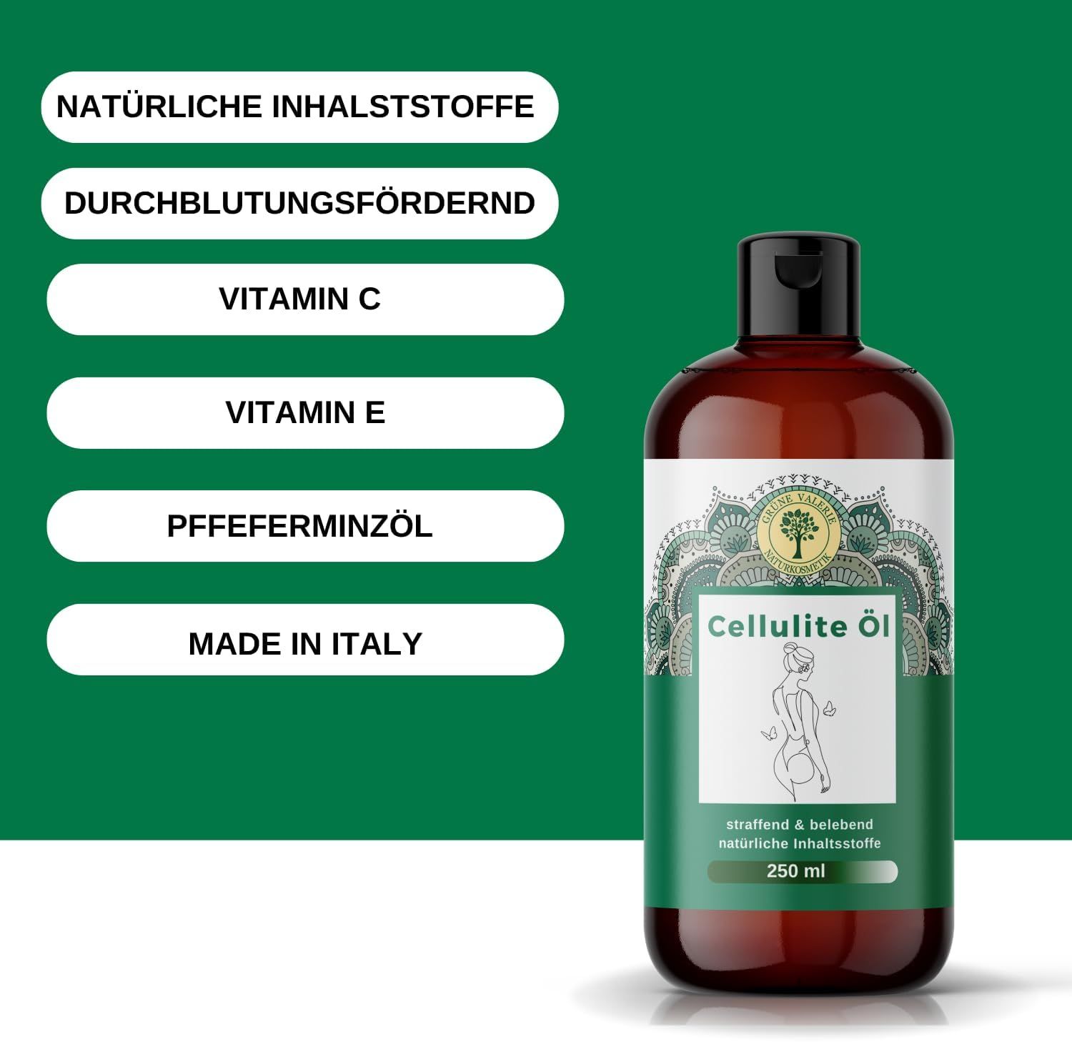 Flacone marrone GRÜNE VALERIE Cellulite Öl. Etichetta con testo e illustrazione. Su sfondo verde.
