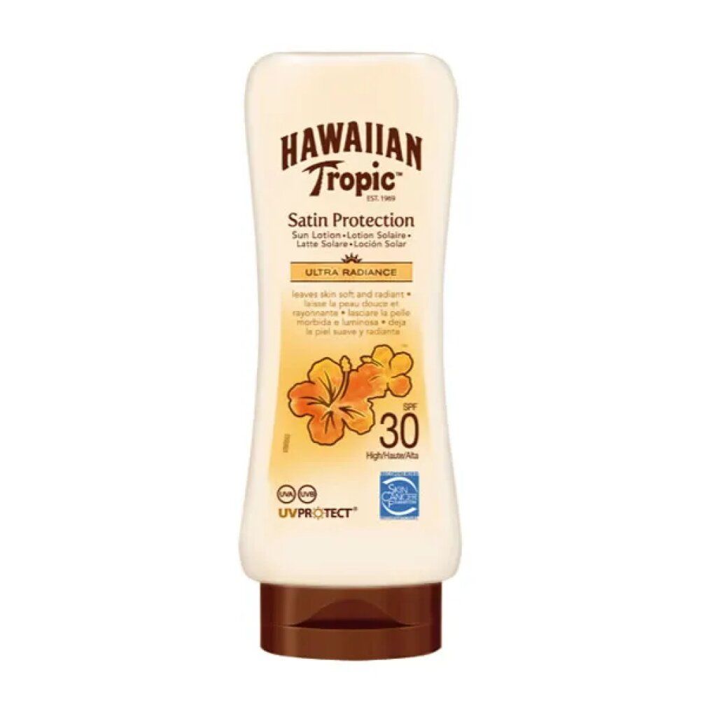 Hawaiian Tropic Satin Protection SPF30. Flacone color crema con tappo marrone. Testo e logo sul davanti.