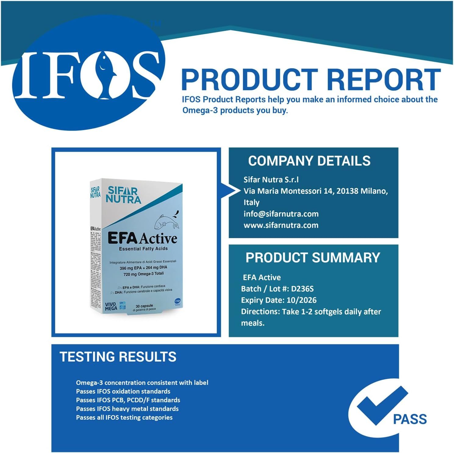 Rapporto sul prodotto IFOS. Nome del prodotto: EFA Active. Numero di lotto: D236S. Scadenza: 10/2026. Certificazione IFOS. Dettagli azienda: Sifar Nutra S.r.l.