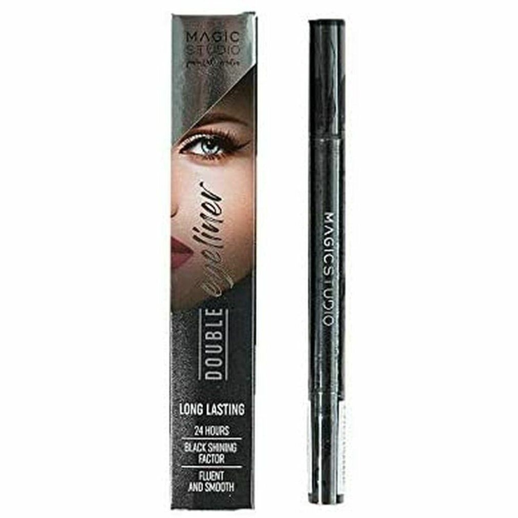 Eyeliner doppio e confezione. Pennarello eyeliner nero a doppia punta. Confezione con nome del prodotto e volto di modella.