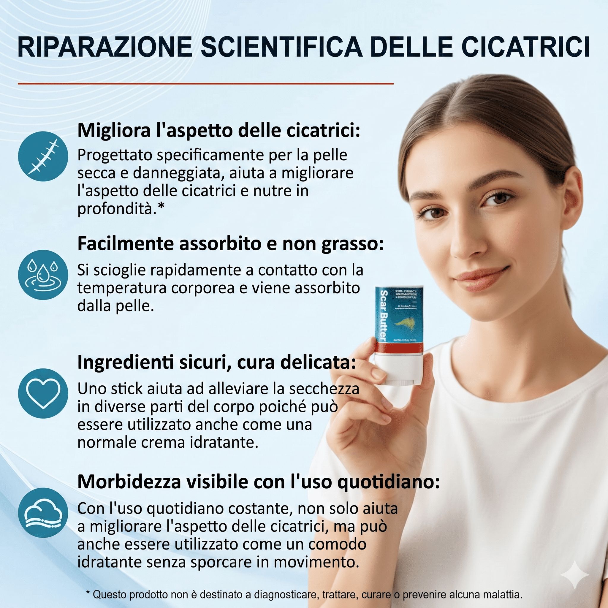 Donna con stick "Scar Butter". Testo: Riparazione scientifica delle cicatrici. Migliora le cicatrici, assorbimento rapido, ingredienti delicati.