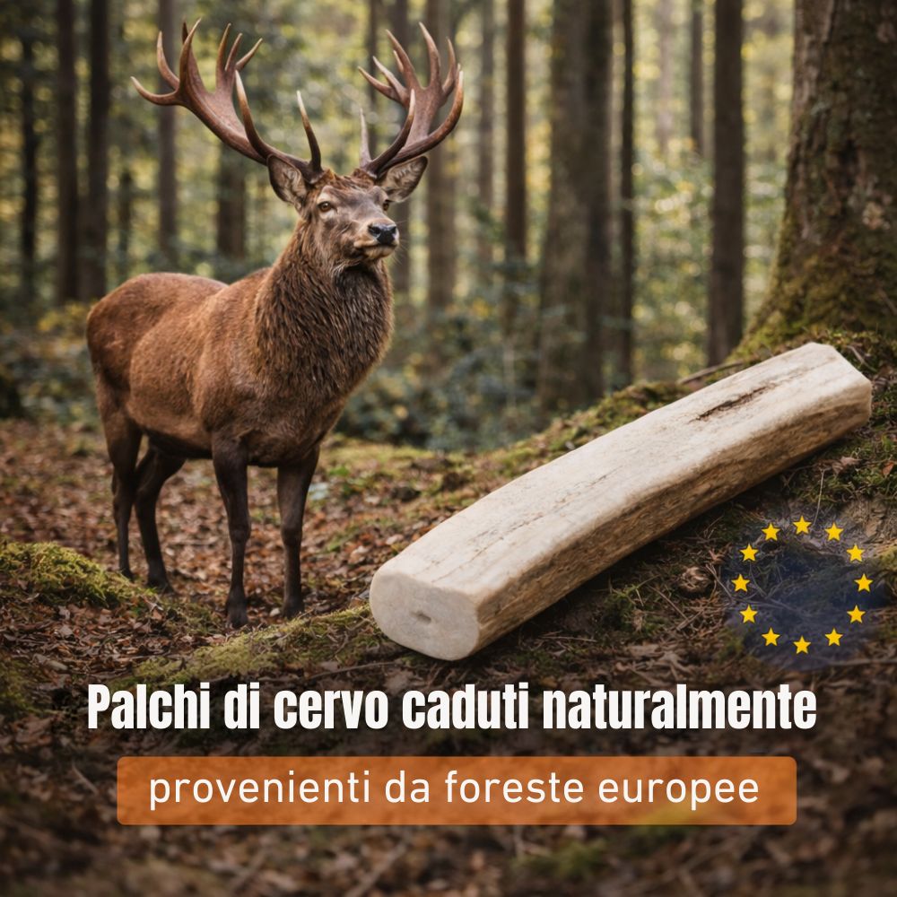 Un corno di cervo da masticare accanto a un ceppo. Sullo sfondo, un cervo. Testo: « Rothirschgeweih » e bandiera UE.