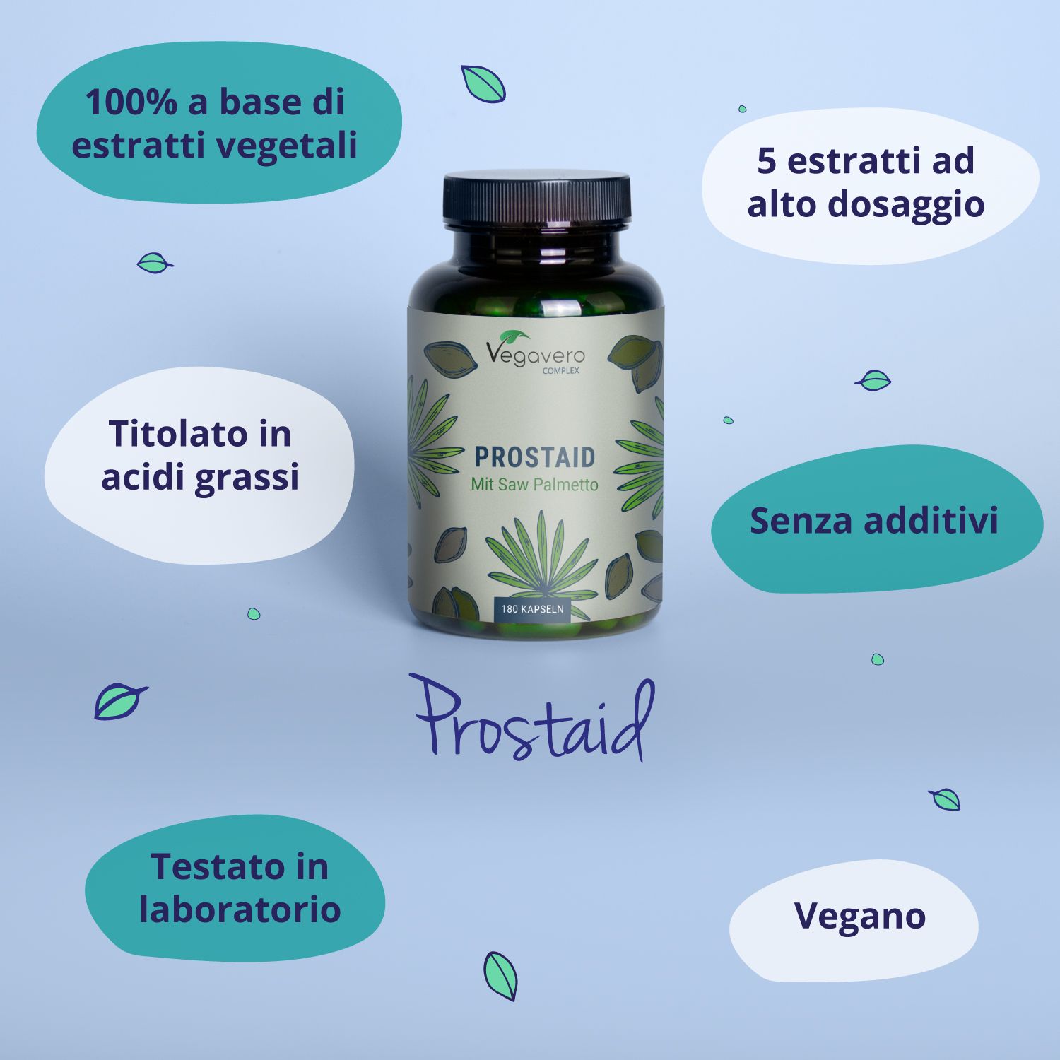 Flacone con scritta: PROSTAID Mit Saw Palmetto. 180 capsule. Logo Vegavaro. Testo intorno al flacone.