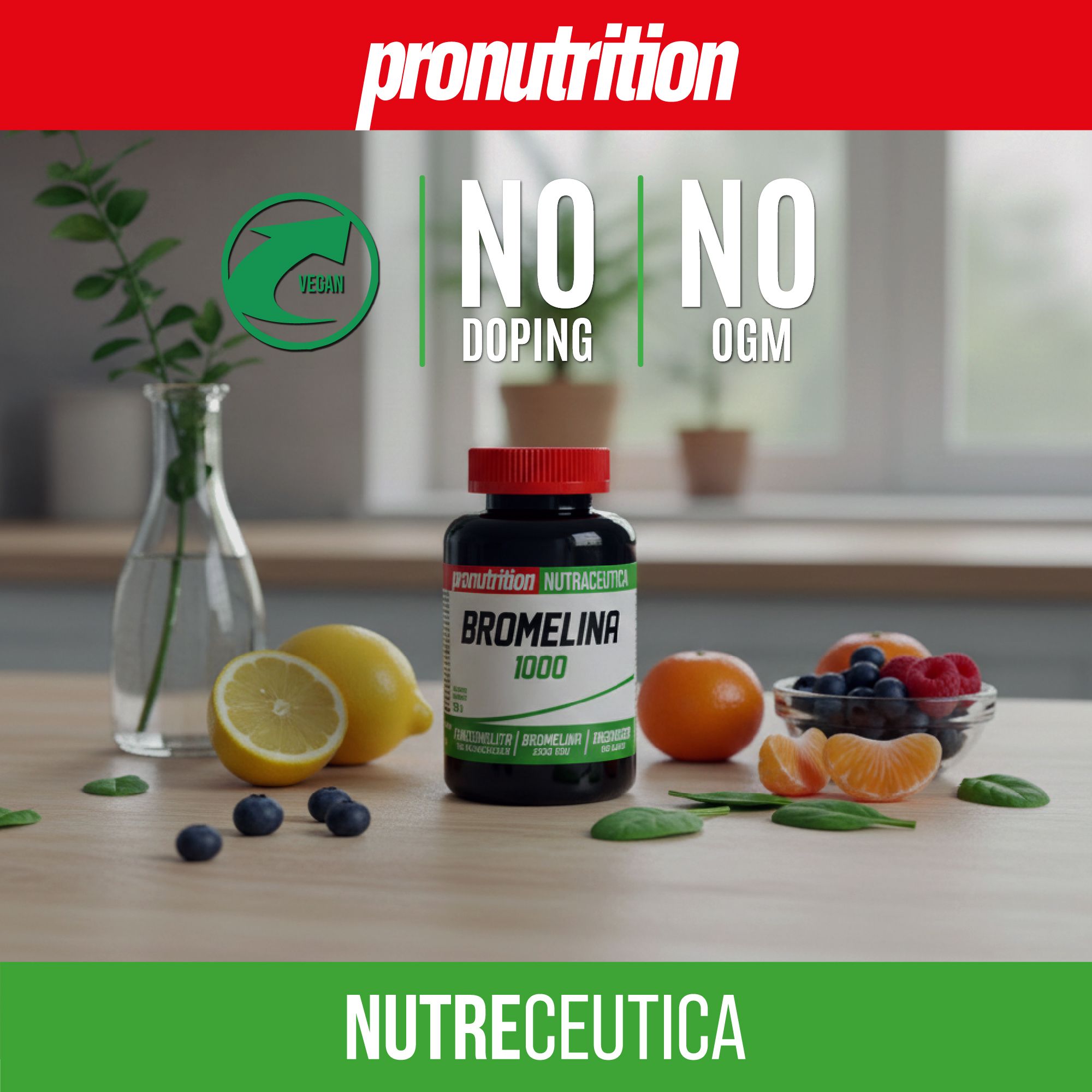 Flacone di Bromelina 1000, frutta e verdura. Bottiglia nera, tappo rosso. Scritta: Pronutrition, Nutraceutica. Senza doping e OGM.